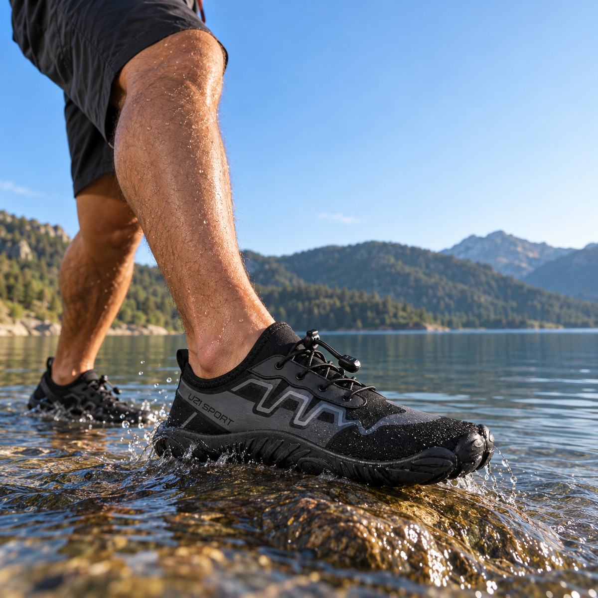 Hombre usando zapatos acuáticos uzi sport guadalajara Manta Flow grises mientras rema en un kayak en aguas poco profundas
