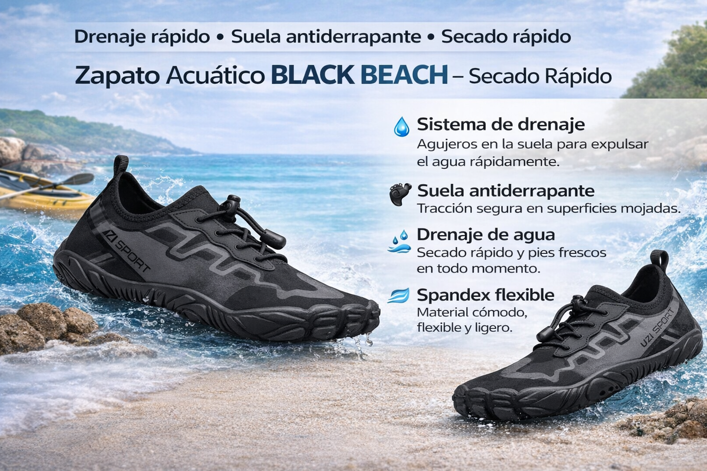 Zapato acuático con drenaje rápido y suela antiderrapante para playa, ríos y parques acuáticos.