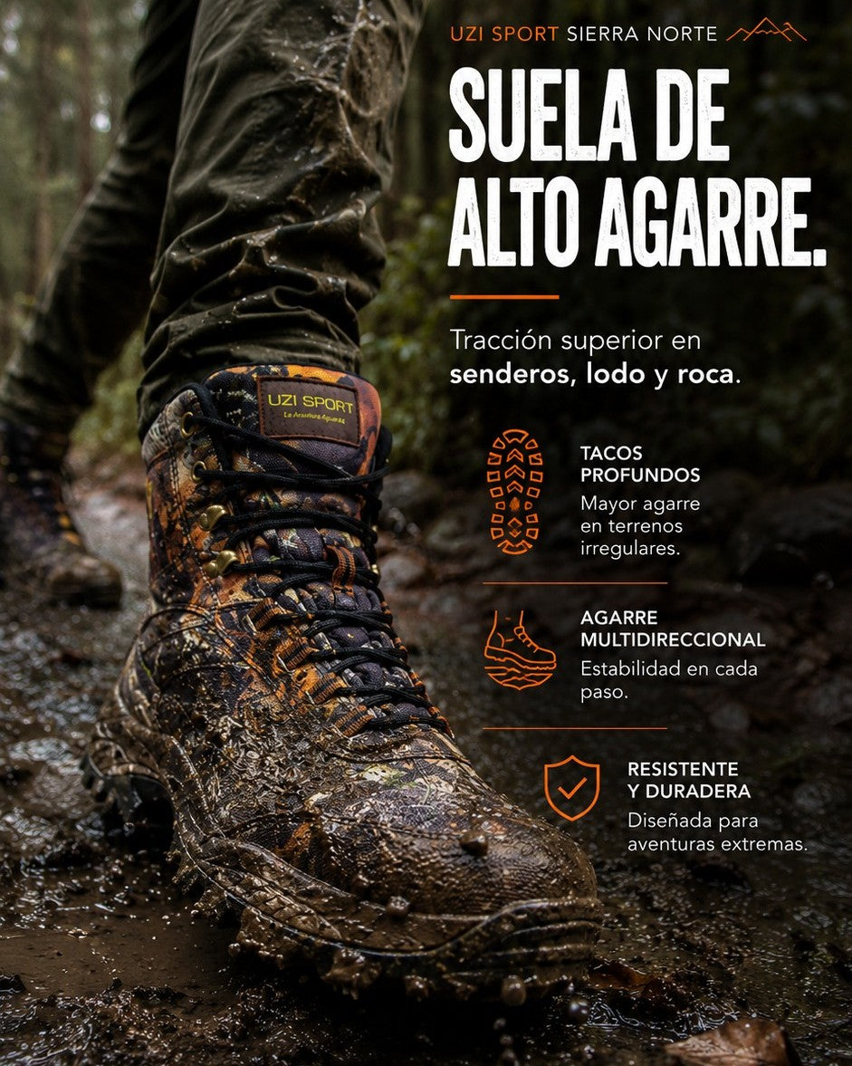 Bota de senderismo uzi sport guadalajara Sierra con estampado de camuflaje, caña alta y suela de alto agarre en lodo.