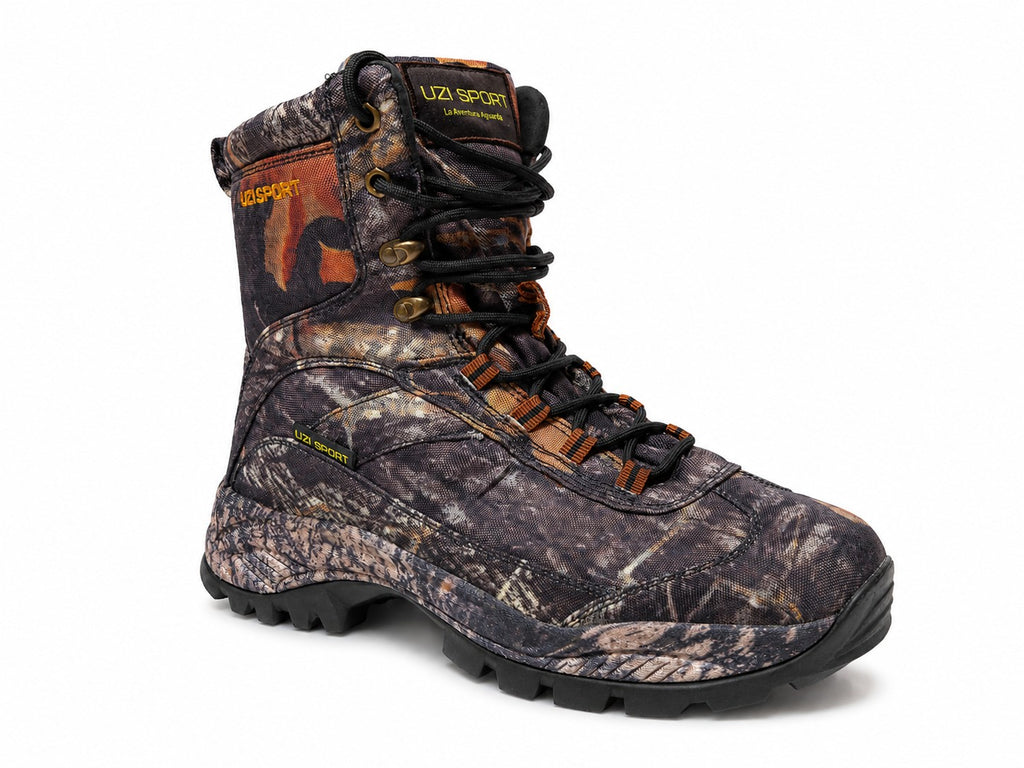 Bota de senderismo uzi sport guadalajara Sierra Pro con estampado de camuflaje, caña alta y suela de alto agarre.