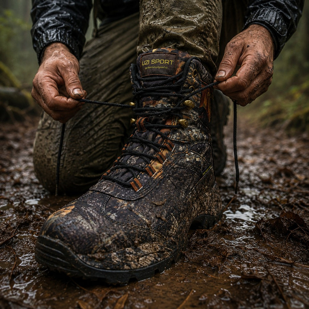 Bota de senderismo uzi sport guadalajara Sierra con estampado de camuflaje, caña alta y suela de alto agarre en bosque