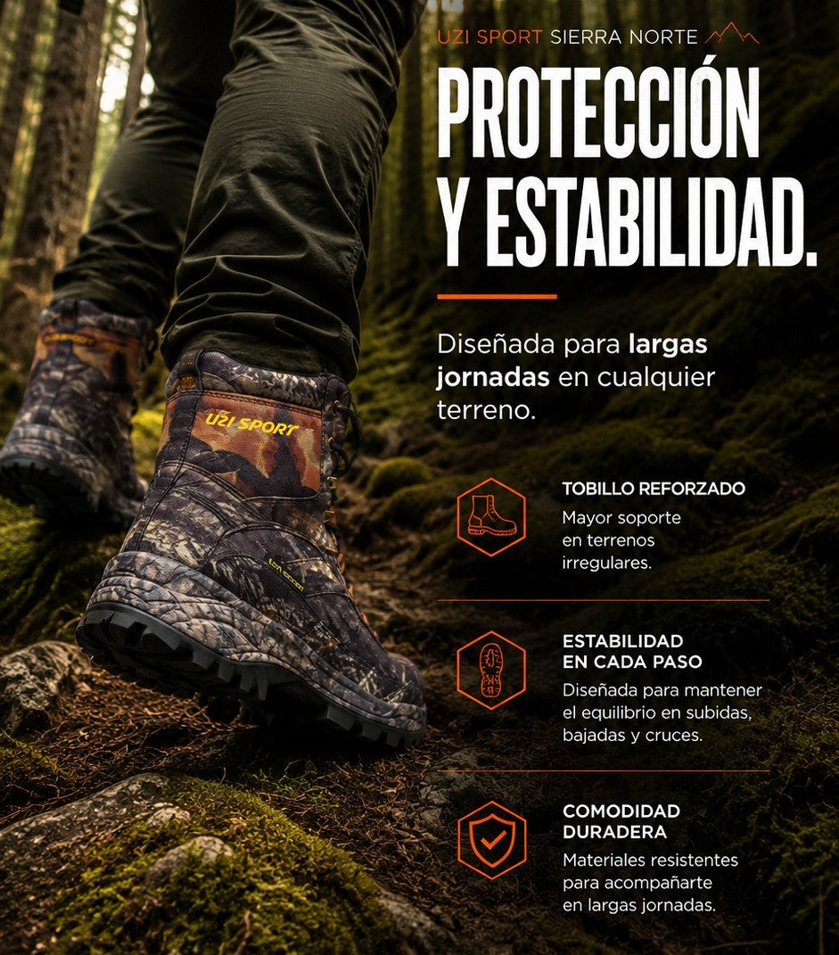Bota de senderismo uzi sport guadalajara con estampado de camuflaje, caña alta y suela de alto agarre en terreno
