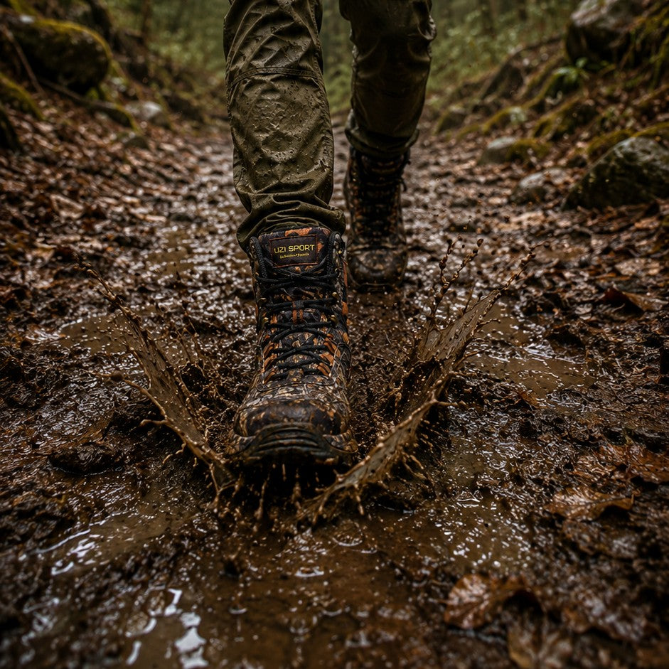 Bota de senderismo uzi sport guadalajara con estampado camuflaje, caña alta y suela resistente en terreno lodoso.