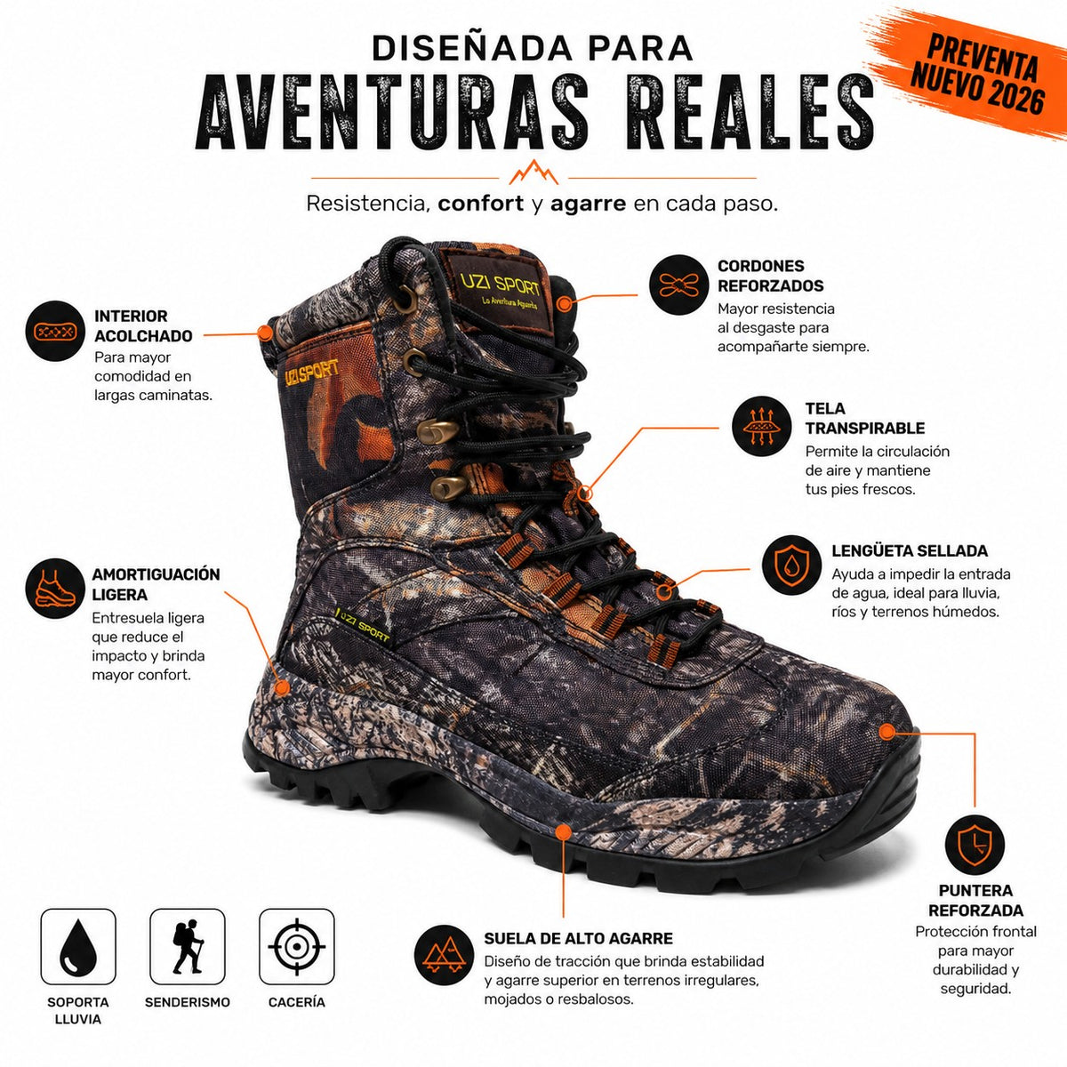 Bota de senderismo uzi sport guadalajara con estampado de camuflaje, caña alta, suela de alto agarre y lengüeta sellada.