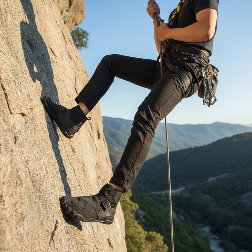 Persona escalando roca con zapatos acuáticos negros uzi sport guadalajara Wave Armor de suela antiderrapante