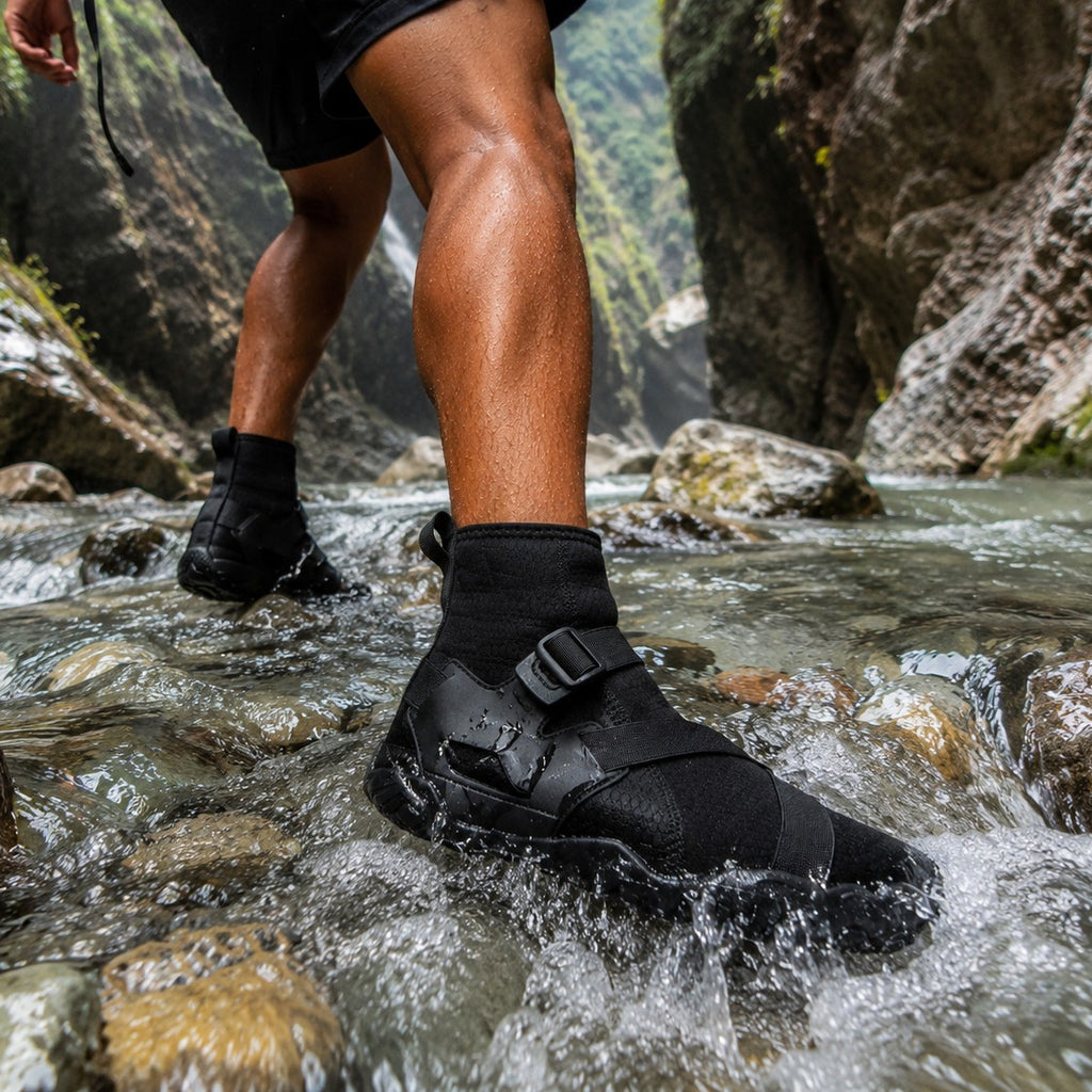 Botines acuáticos negros uzi sport guadalajara con suela antiderrapante, ideales para senderismo en ríos y terrenos mojados.