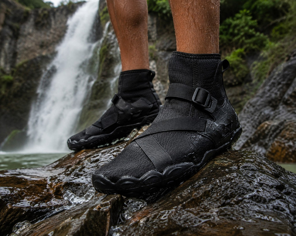 Botines acuáticos negros uzi sport guadalajara con suela antiderrapante sobre roca húmeda frente a una cascada.