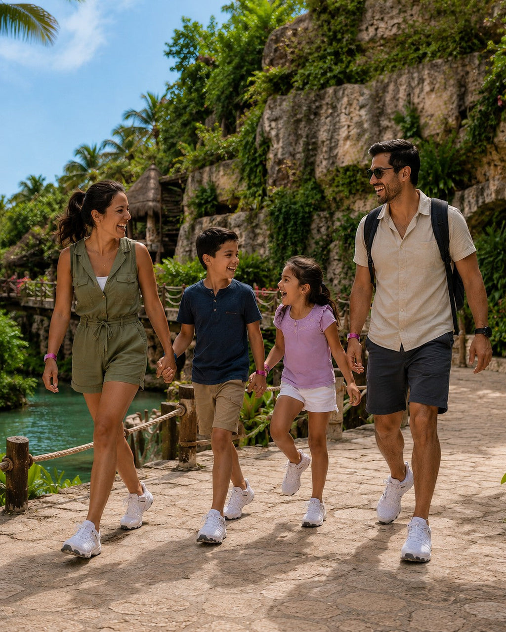 Familia caminando en un sendero tropical usando calzado deportivo acuático blanco uzi sport guadalajara