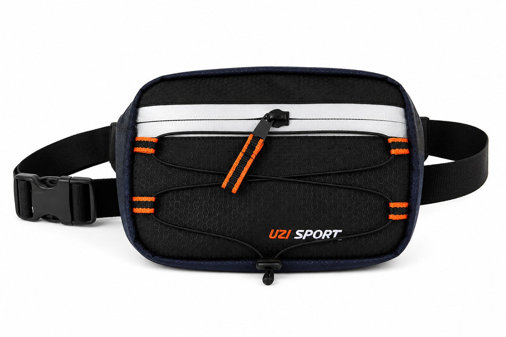 Cangurera uzi sport guadalajara negra resistente al agua con detalles naranjas, ideal para senderismo y ciclismo.