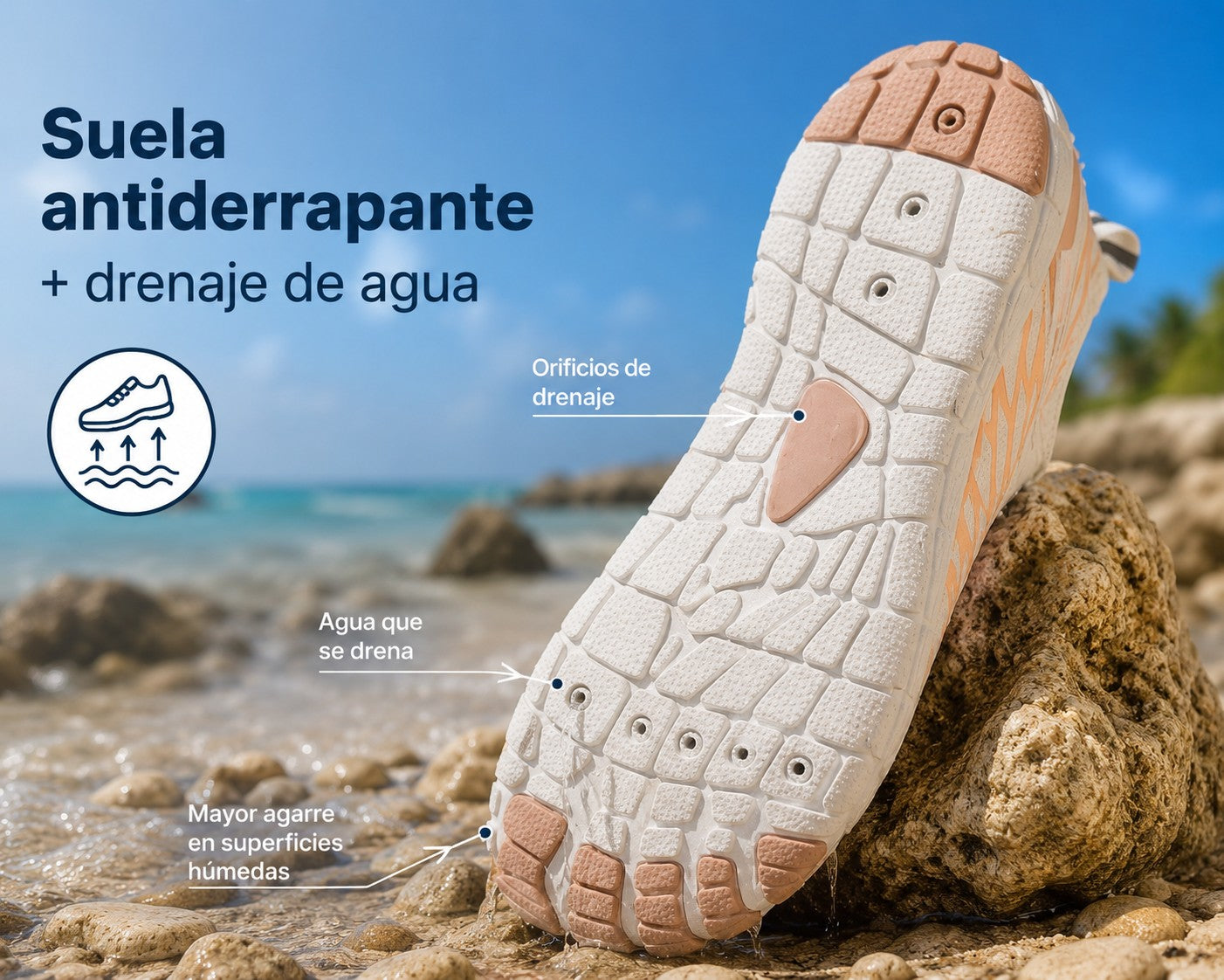 Suela antiderrapante de zapato acuático uzi sport guadalajara con sistema de drenaje en entorno de playa