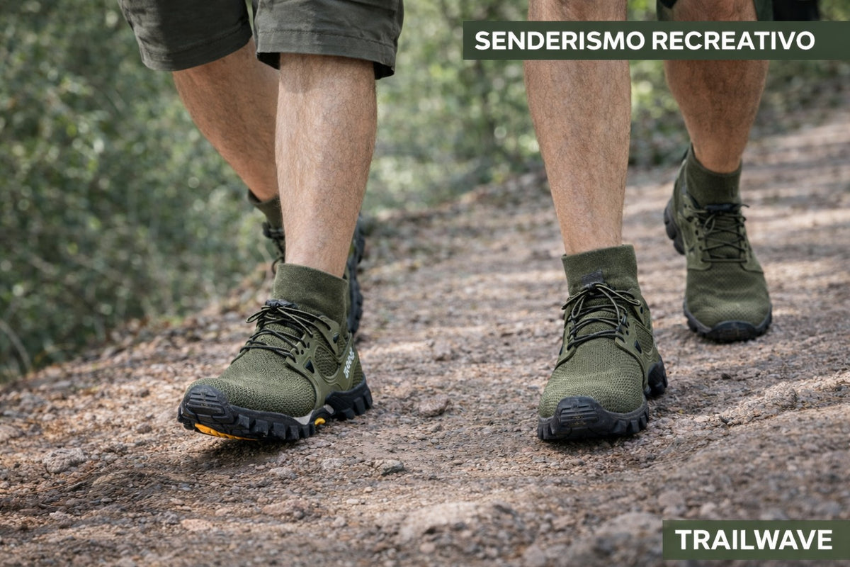 Hombre caminando por sendero con zapatillas uzi sport guadalajara TrailWave verde oliva de secado rápido