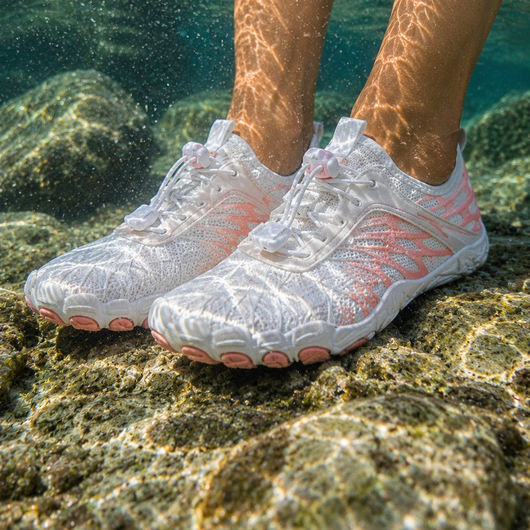 Zapato acuático uzi sport guadalajara Blubber blanco con detalles rosados, tela de secado rápido y cordón elástico.