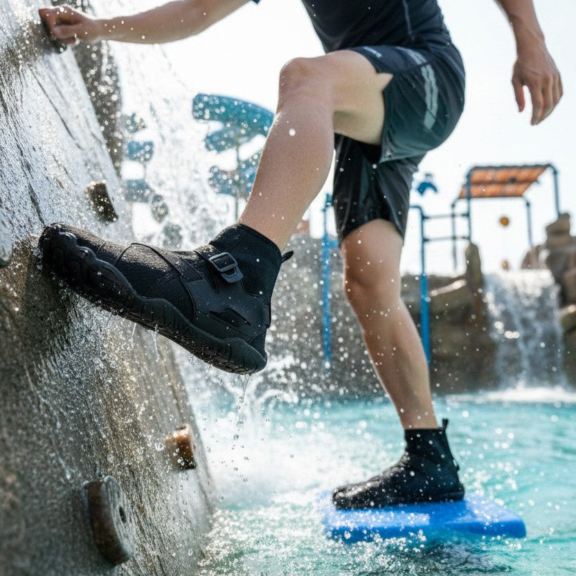 Zapato acuático tipo botín uzi sport guadalajara Wave Armor negro con suela antiderrapante en pared de escalada mojada