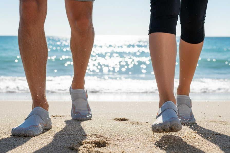 Personas caminando en la playa usando zapatos acuáticos uzi sport guadalajara Manta Flow grises de secado rápido