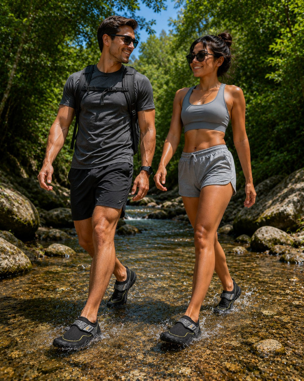 Pareja caminando en un río usando zapatos acuáticos Manta Flow Black de uzi sport guadalajara con diseño ergonómico