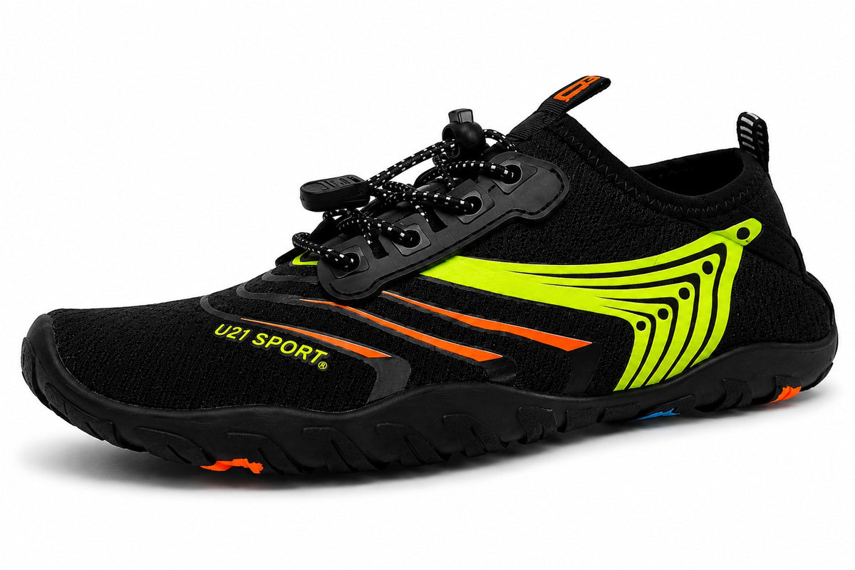 Zapato acuático uzi sport guadalajara Nauspeed negro con detalles en verde neón y naranja, diseño ligero y flexible