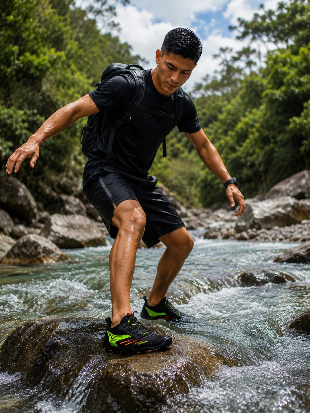 Hombre cruzando un río con zapatos acuáticos uzi sport guadalajara Nauspeed verdes de secado rápido y suela adherente