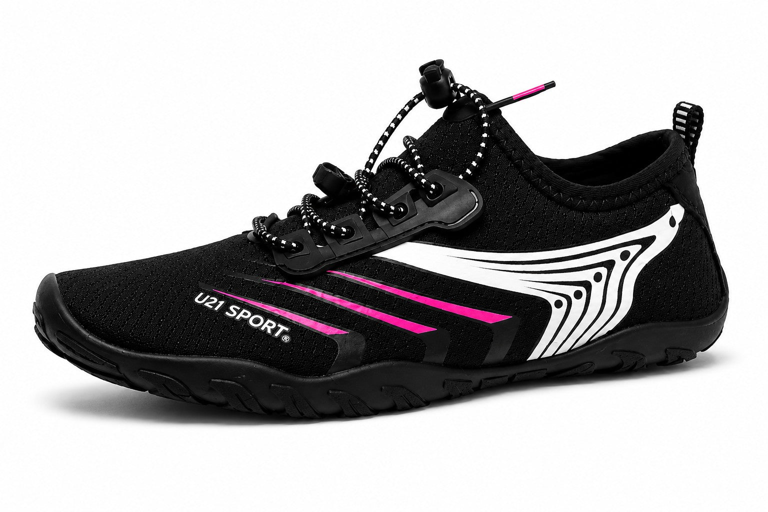 Zapato acuático uzi sport guadalajara Nauspeed negro con detalles en rosa y blanco, suela antiderrapante y ajuste rápido