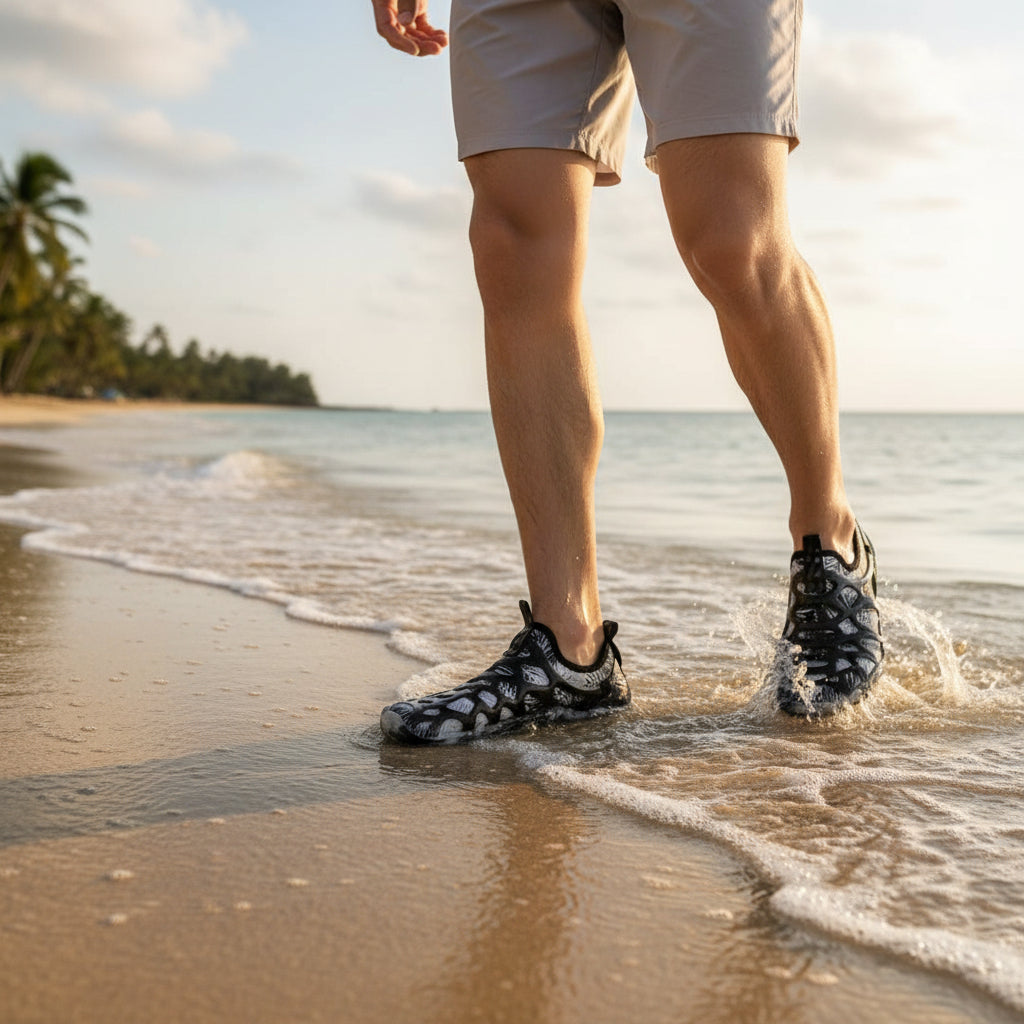 Hombre caminando en la playa con zapatos acuáticos uzi sport guadalajara modelo Splash Black de secado rápido