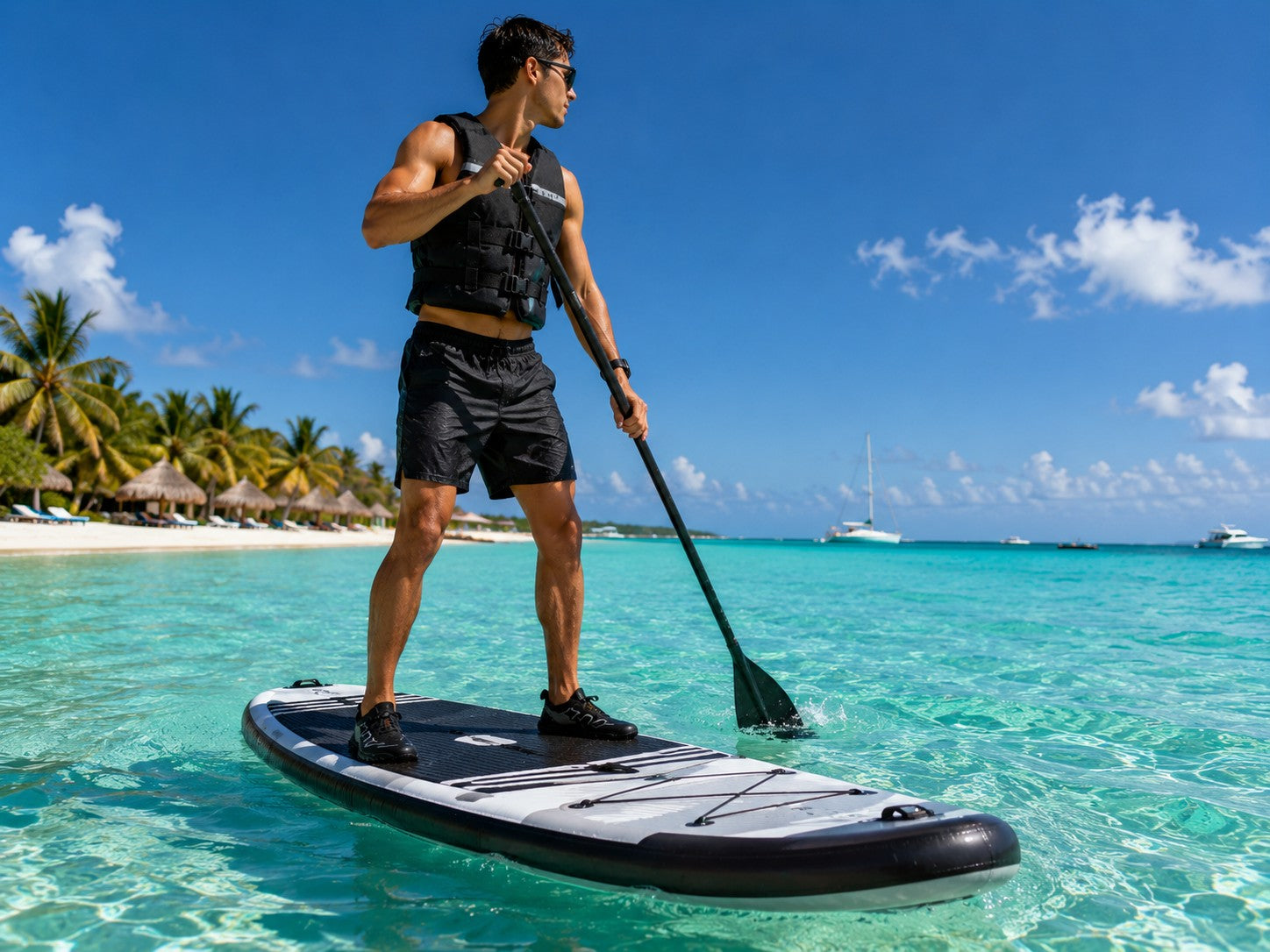 Hombre con zapato acuático uzi sport guadalajara modelo Black Beach practicando paddle surf en aguas cristalinas