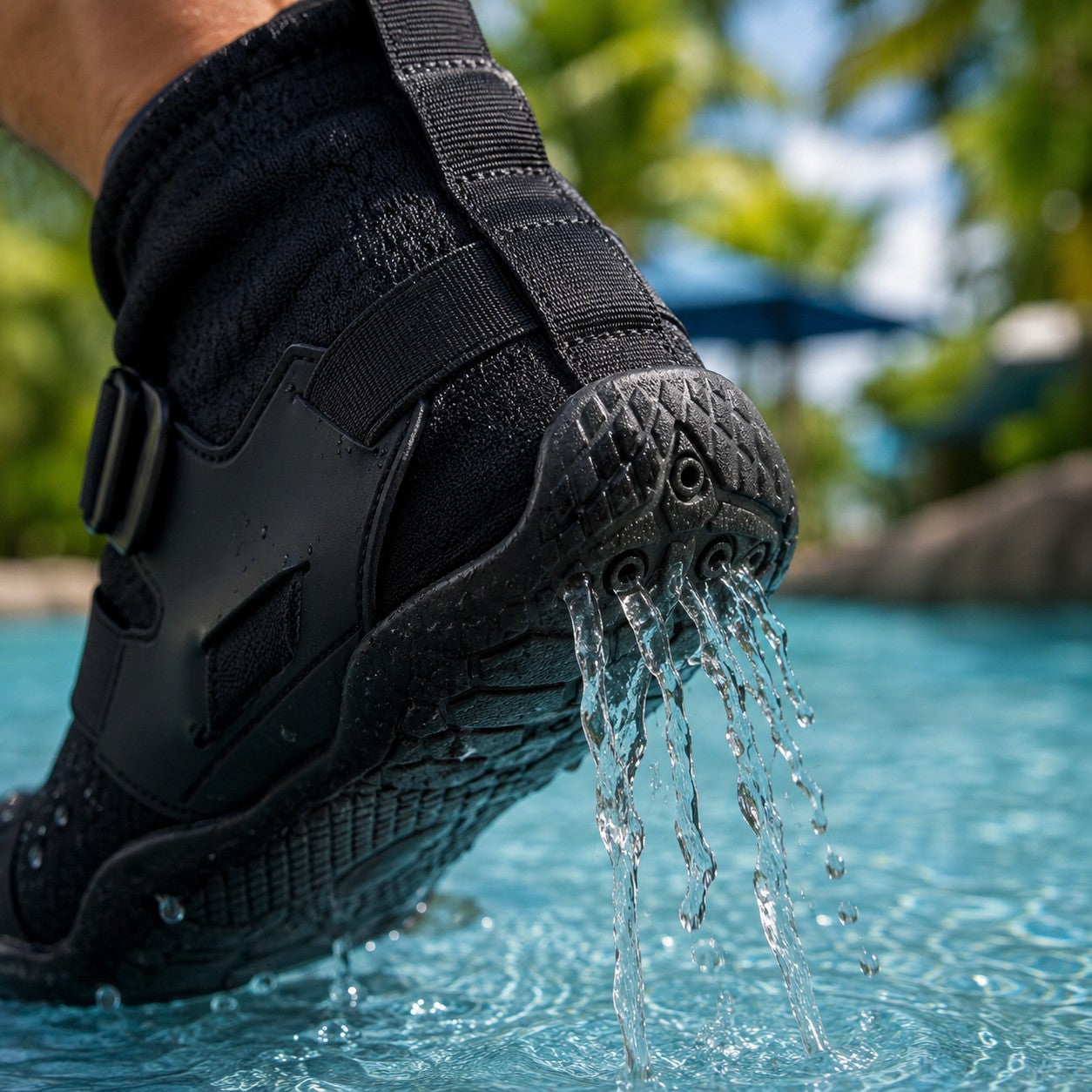 Zapato acuático uzi sport guadalajara Wave Armor negro con suela de drenaje rápido en una piscina