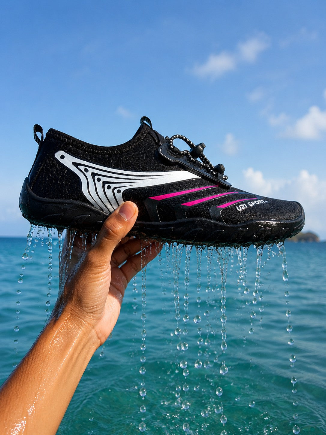 Zapato acuático uzi sport guadalajara Nauspeed negro con detalles rosas, secado rápido y suela antiderrapante