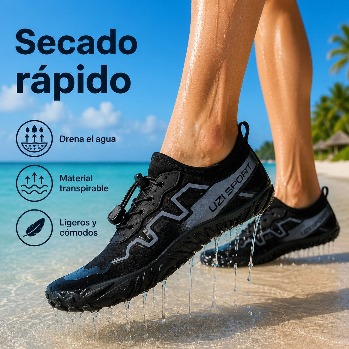 Zapato acuático negro uzi sport guadalajara de secado rápido con suela drenante en una playa tropical