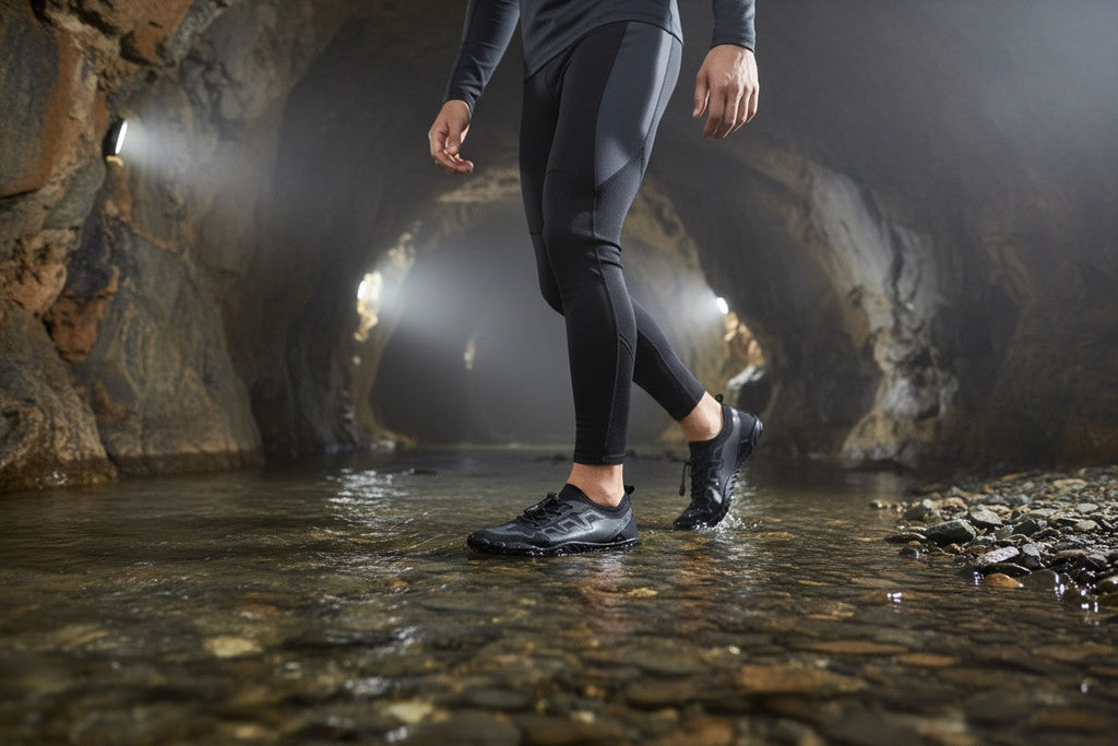 Zapato acuático uzi sport guadalajara Black Beach negro para hombre caminando en una cueva con agua