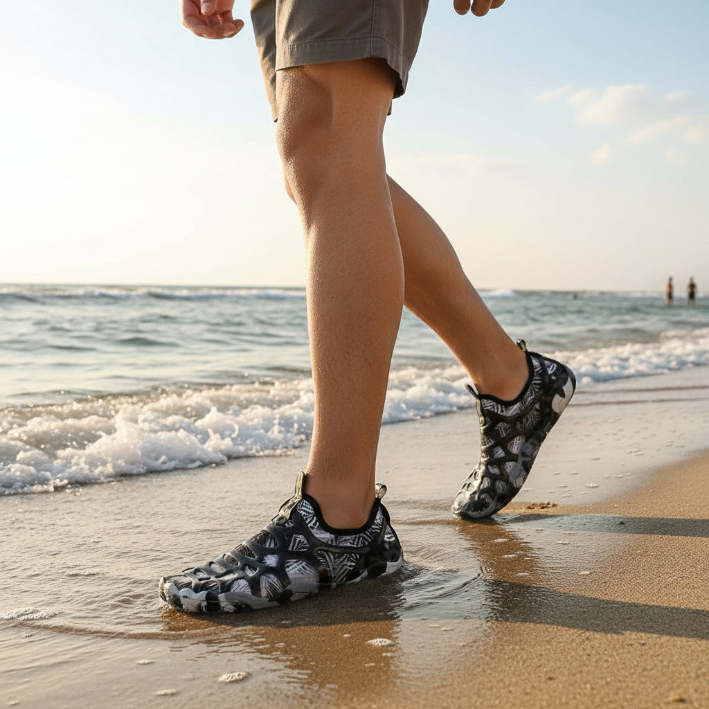 Zapato acuático uzi sport guadalajara Splash Black con estampado, malla transpirable y suela antideslizante en la playa