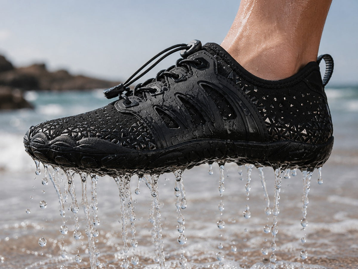 Zapato acuático negro uzi sport guadalajara de spandex con suela de caucho y drenaje, ideal para terrenos húmedos.