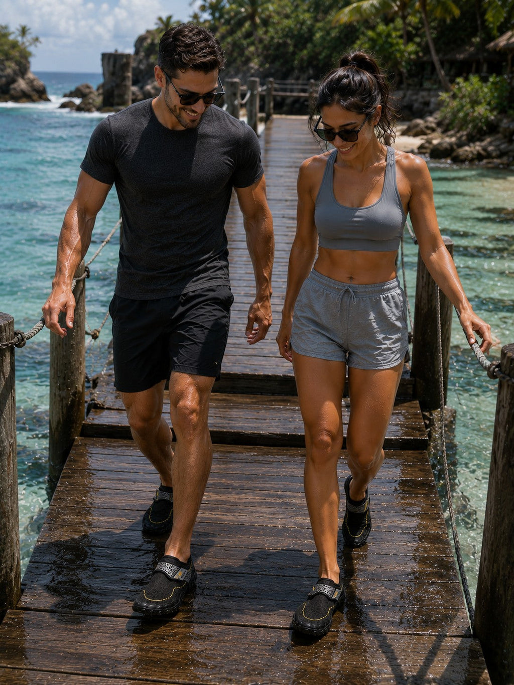 Pareja caminando en muelle con zapatos acuáticos Manta Flow Black de uzi sport guadalajara para playa y kayak
