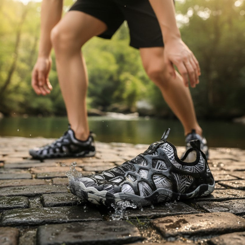 Zapato acuático uzi sport guadalajara Splash Black con malla transpirable y suela antiderrapante en entorno natural