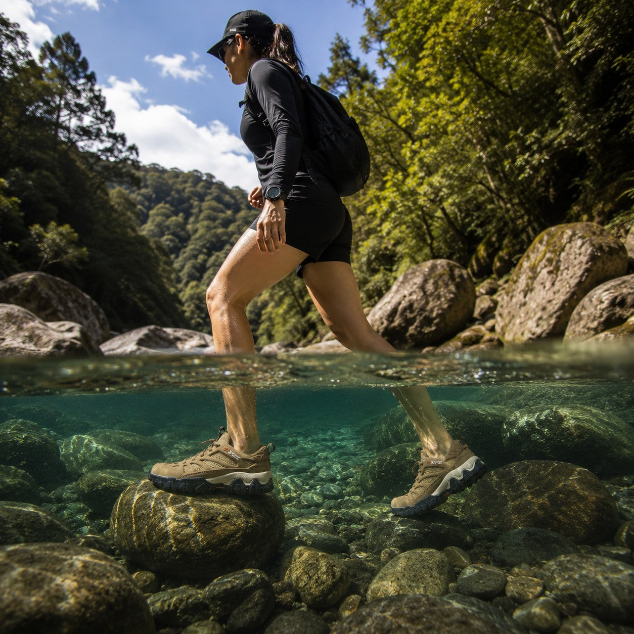 Mujer caminando en un río con zapatos outdoor uzi sport guadalajara Nómada color beige con suela de caucho resistente