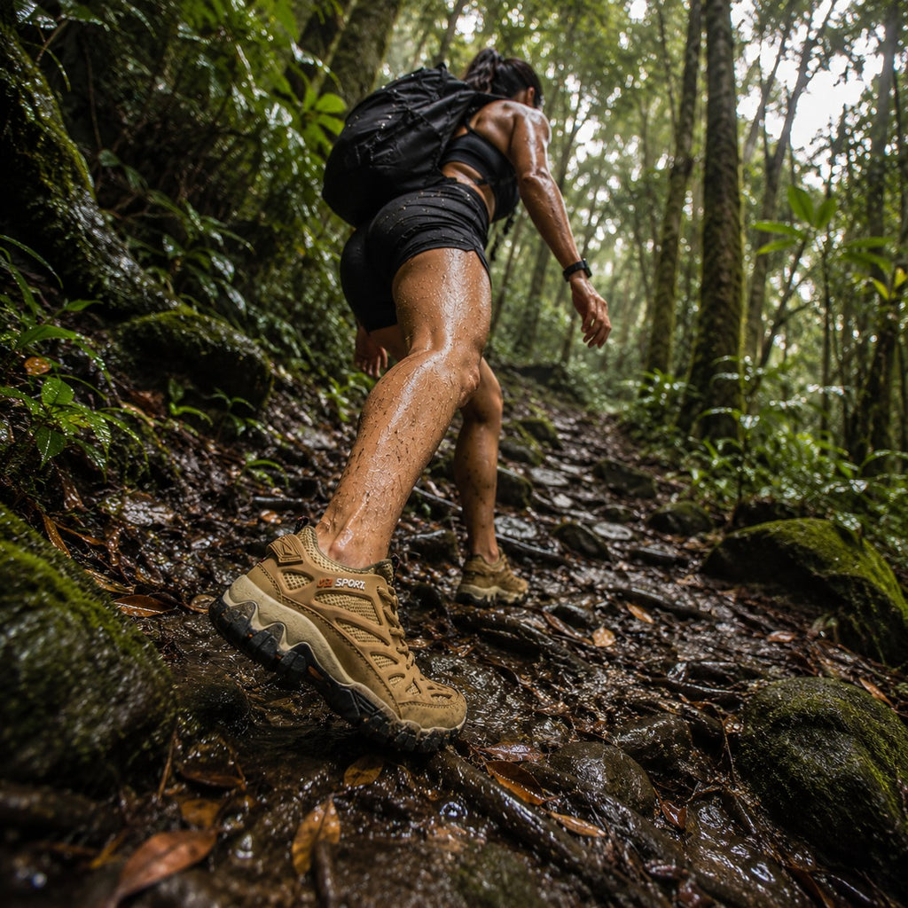 Mujer con zapato outdoor uzi sport guadalajara beige en sendero húmedo de bosque para senderismo y aventura