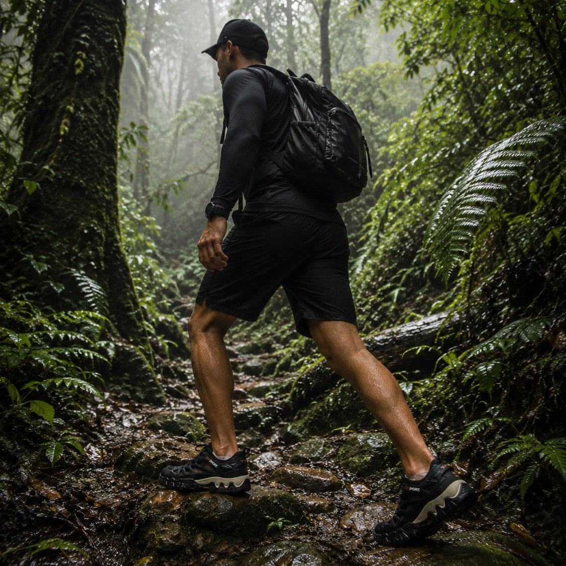 Hombre con calzado uzi sport guadalajara Nómada caminando por sendero húmedo en bosque tropical