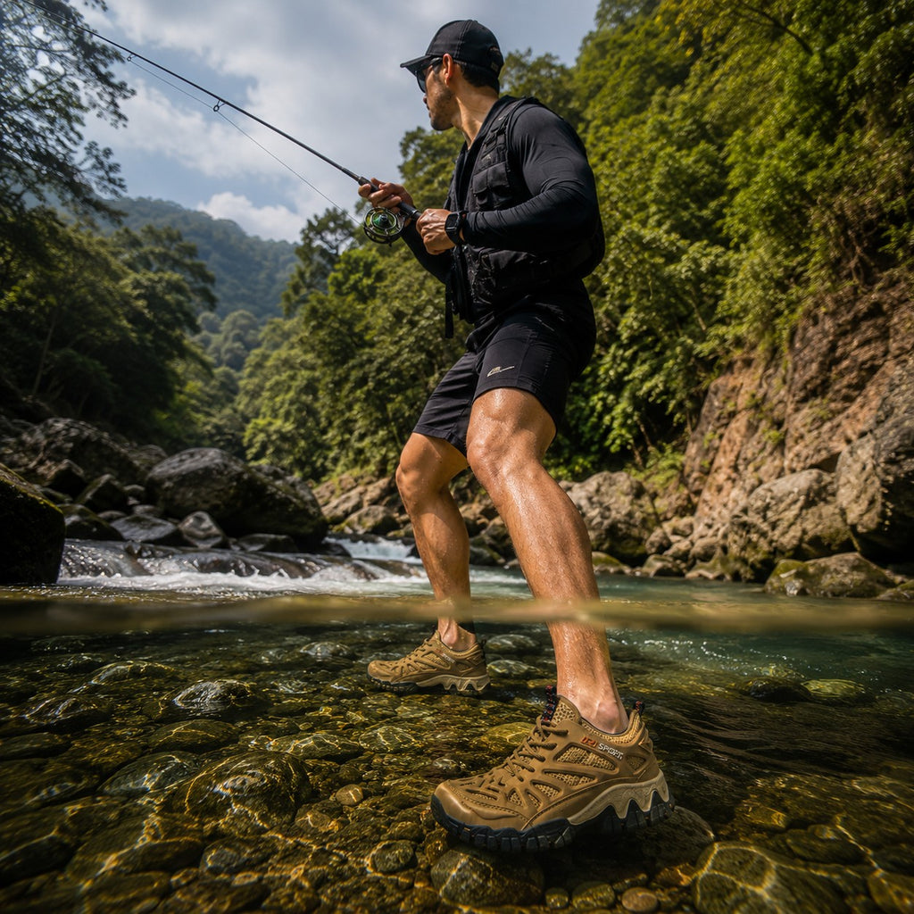 Hombre pescando en un río usando zapatos outdoor uzi sport guadalajara color arena con diseño 2 en 1 sumergible