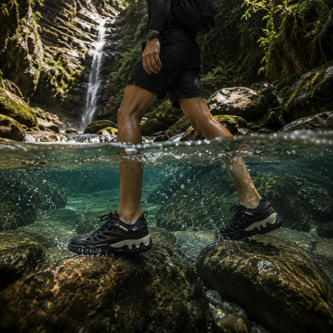 Zapato outdoor uzi sport guadalajara Nómada negro sumergible para senderismo caminando sobre rocas en una cascada