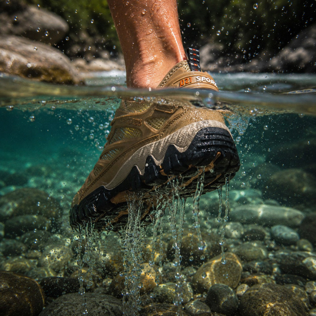 Zapato outdoor uzi sport guadalajara Nómada color arena sumergible en agua, ideal para senderismo y aventura