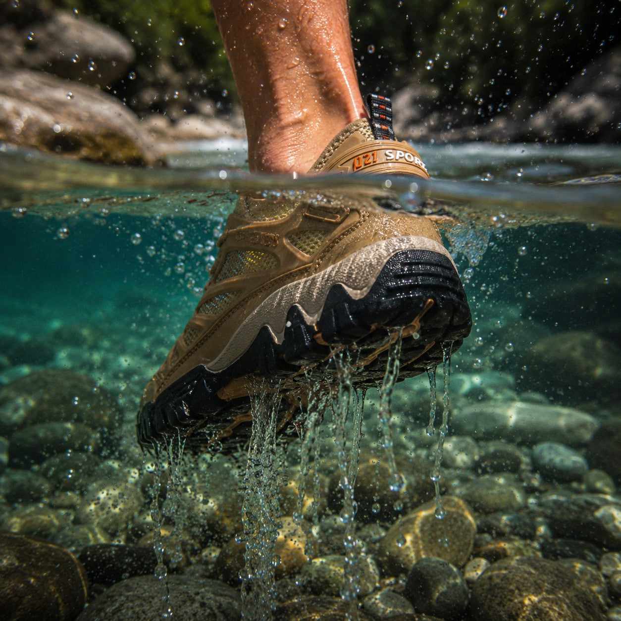 Zapato outdoor uzi sport guadalajara Nómada color arena sumergible en agua, ideal para senderismo y aventura