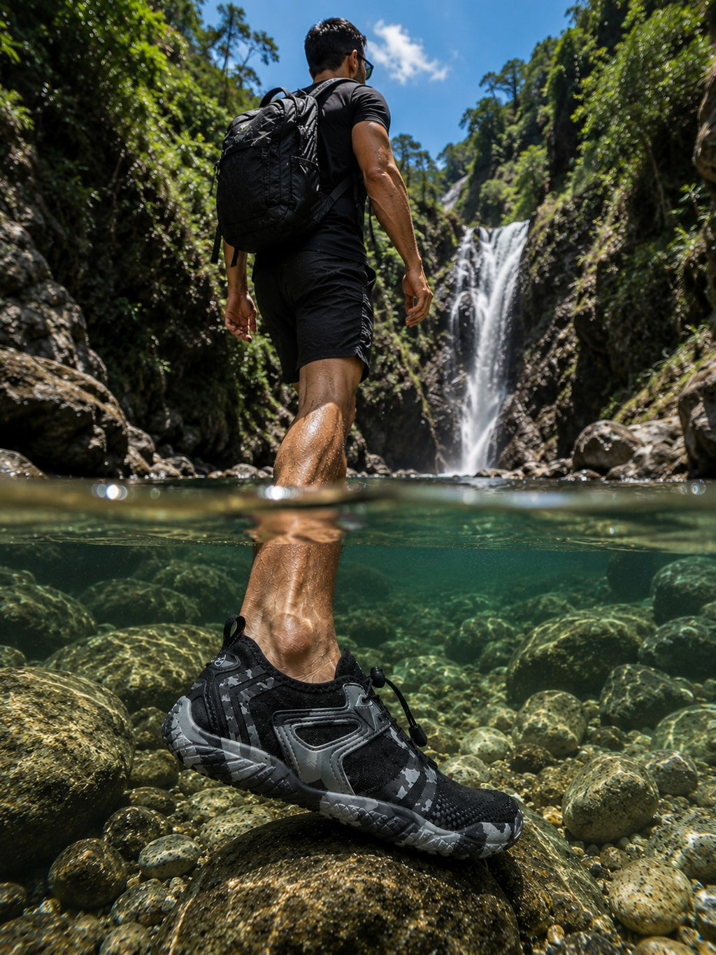 Zapato de playa uzi sport guadalajara Octopus Black negro con suela de agarre en un entorno de cascada natural