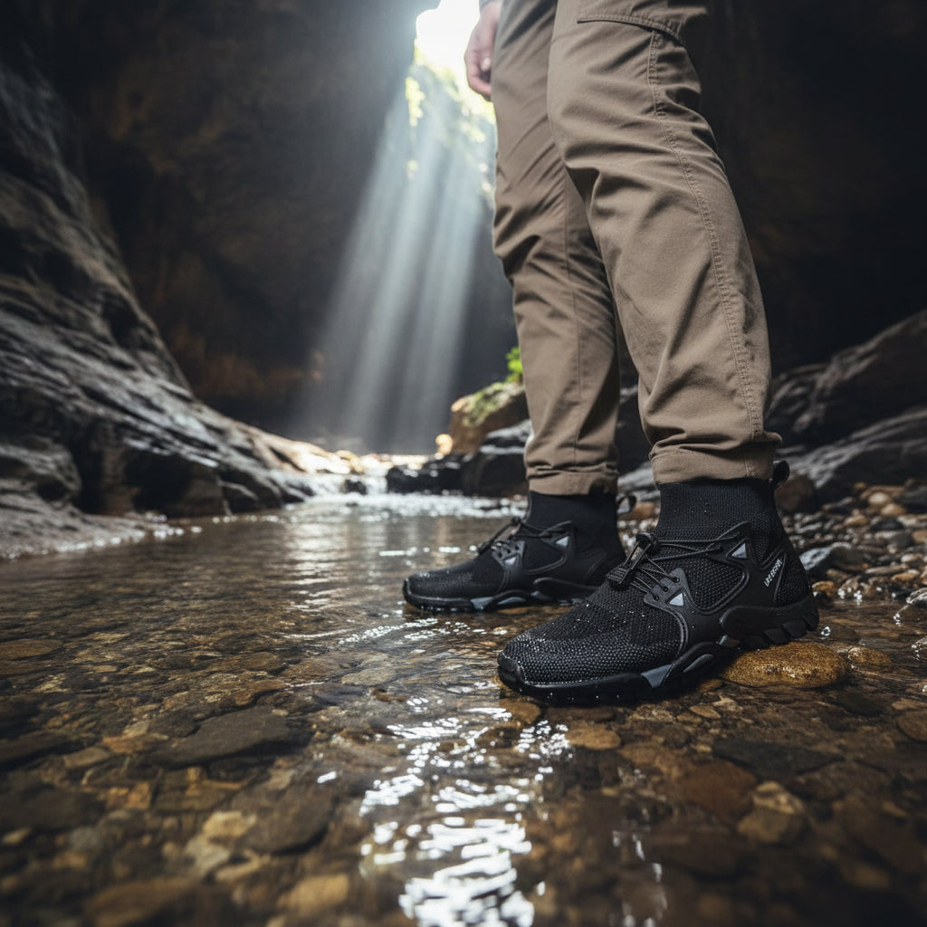 Zapato sumergible TrailWave de uzi sport guadalajara en color negro, ideal para senderismo acuático y terrenos húmedos.