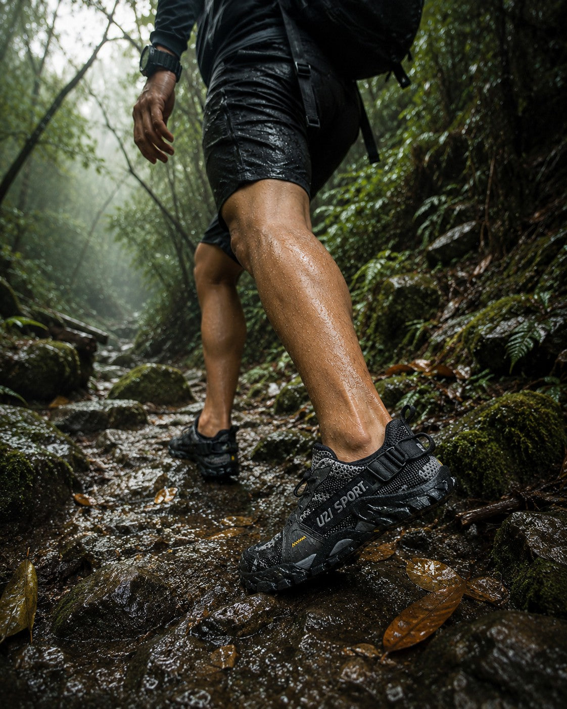 Hombre caminando por sendero húmedo con zapatos uzi sport guadalajara Master Trekker negros de suela dentada
