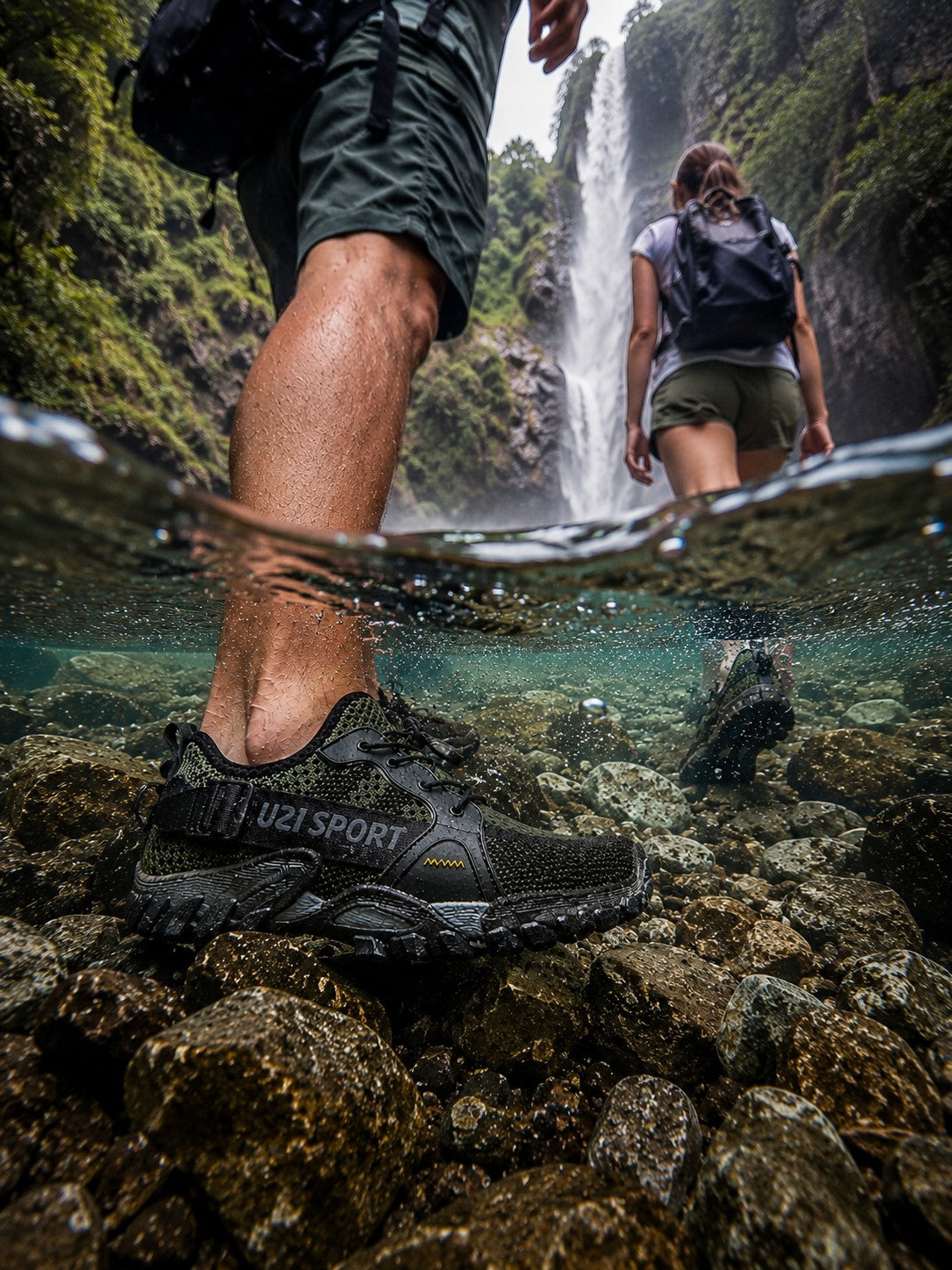 Zapatos de senderismo uzi sport guadalajara sumergibles con suela dentada en un río frente a una cascada