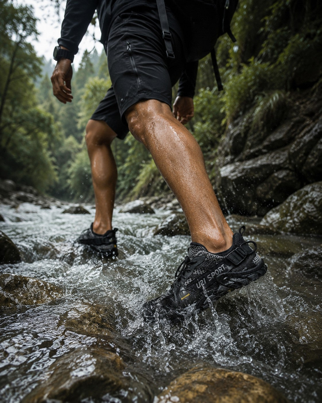 Hombre caminando en un río con zapatos de senderismo uzi sport guadalajara negros, ligeros y con suela antiderrapante.