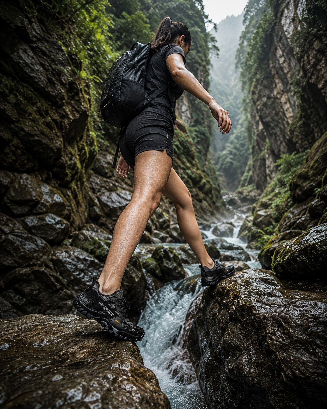Mujer con calzado uzi sport guadalajara Master Trekker cruzando un arroyo rocoso en un entorno natural húmedo