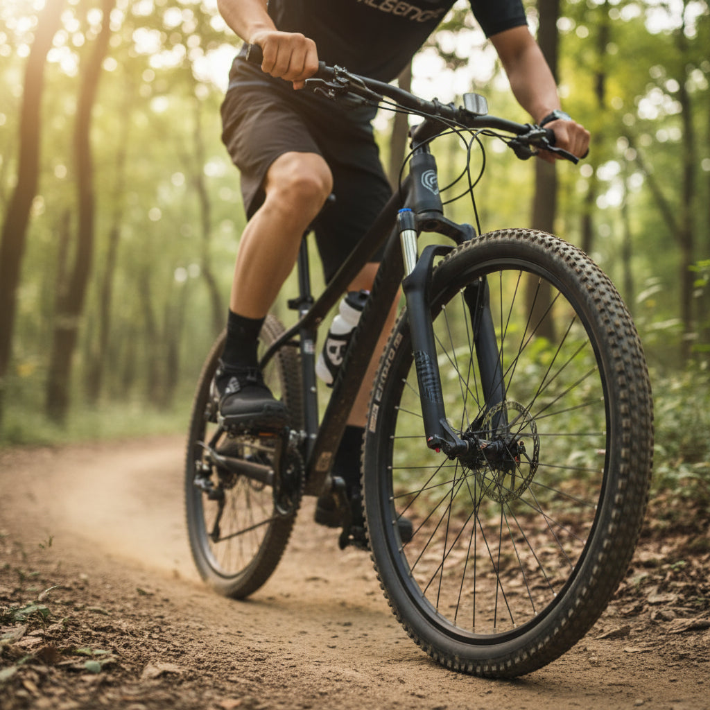 Ciclista usando calzado TrailWave de uzi sport guadalajara en un sendero boscoso con terreno de tierra