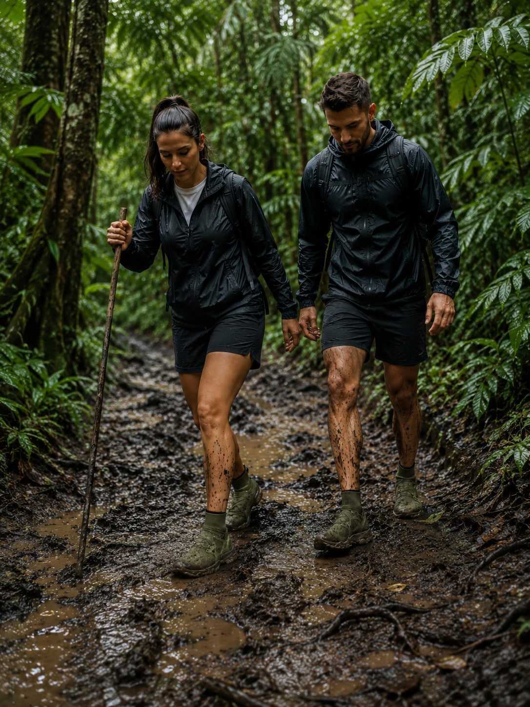 Pareja con calzado TrailWave de uzi sport guadalajara caminando por un sendero selvático lleno de lodo y vegetación.