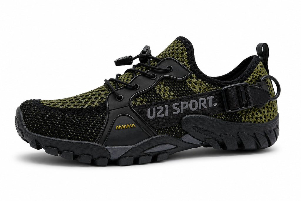 Zapato de senderismo uzi sport guadalajara Master Trekker verde oliva y negro con suela dentada y ajuste de cordón