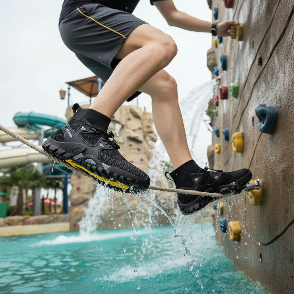 Zapato sumergible TrailWave de uzi sport guadalajara en color negro con suela de alto agarre sobre pared de escalada