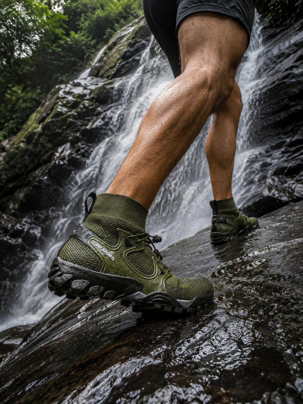 Zapato sumergible uzi sport guadalajara TrailWave verde oliva con suela de alto agarre sobre roca mojada junto a cascada